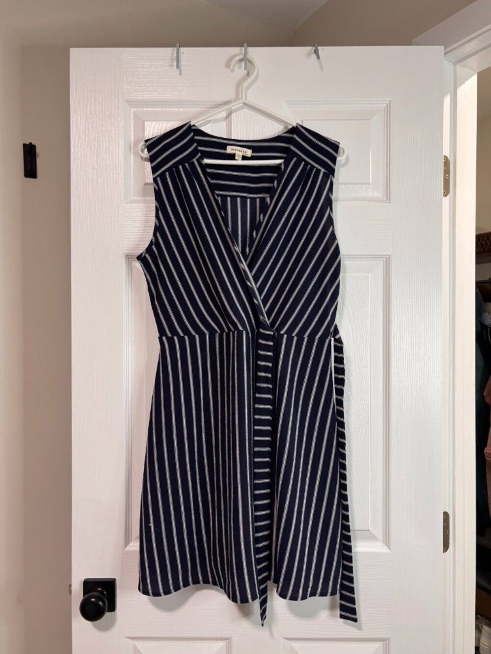 Navy Pinstripe Wrap-Tie Sleeveless Dress (Large)